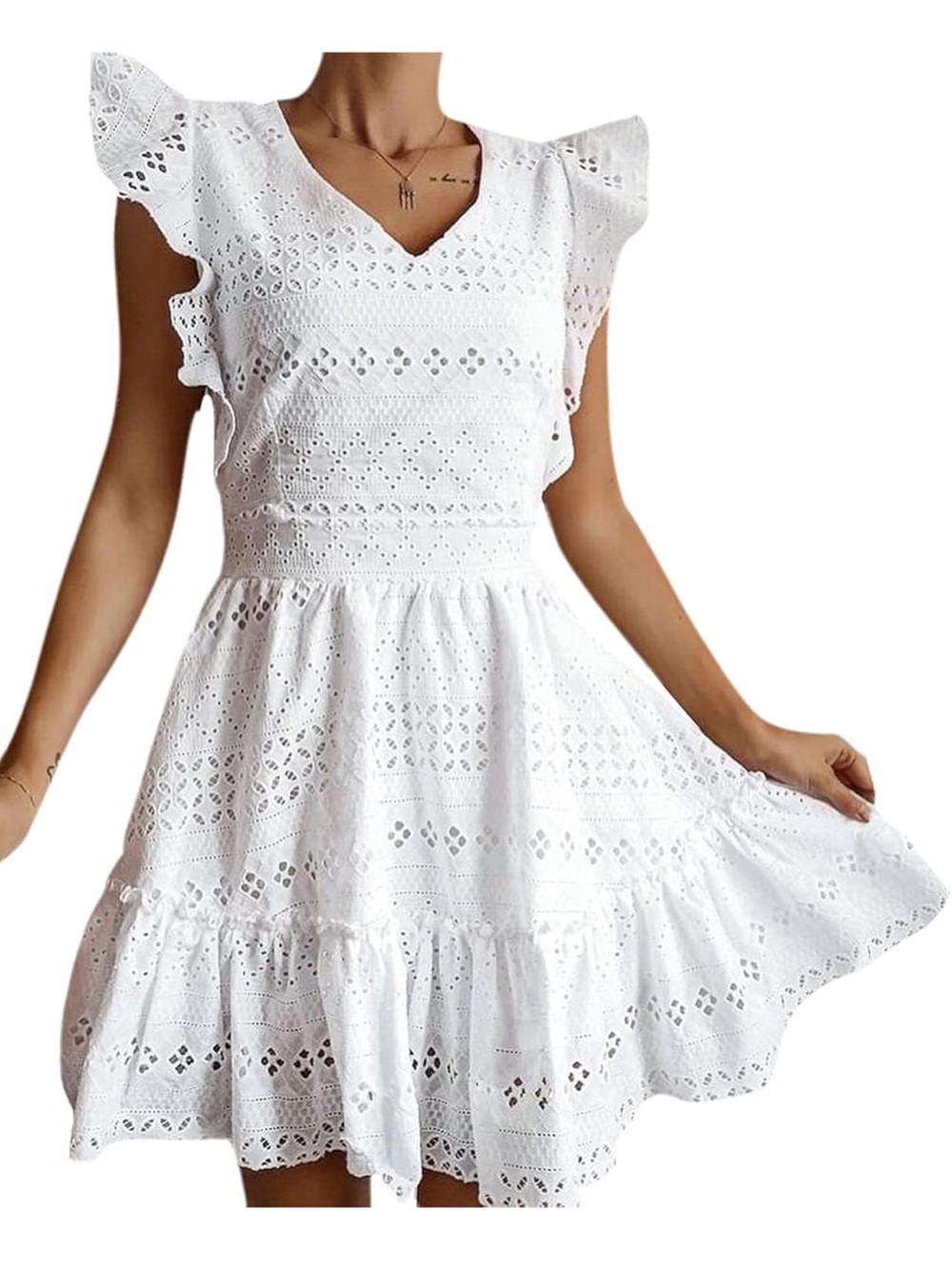Simple White Eyelet V-Neck Ruffle Sleeve Mini Dress